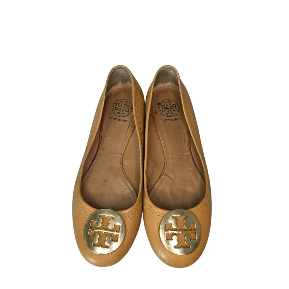 Tory Burch Reva Womens 7.5  Tan Pebbled Leather Gold Tone Logo Ballet Flats